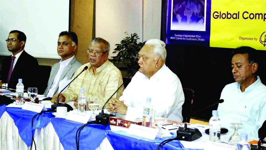 Industries Minister Amir Hossain Amu speaking at the launching ceremony of Global Competitiveness Report 2014-15 organised by Center for Policy Dialogue (CPD) at BRAC Center Inn in the city on Thursday.