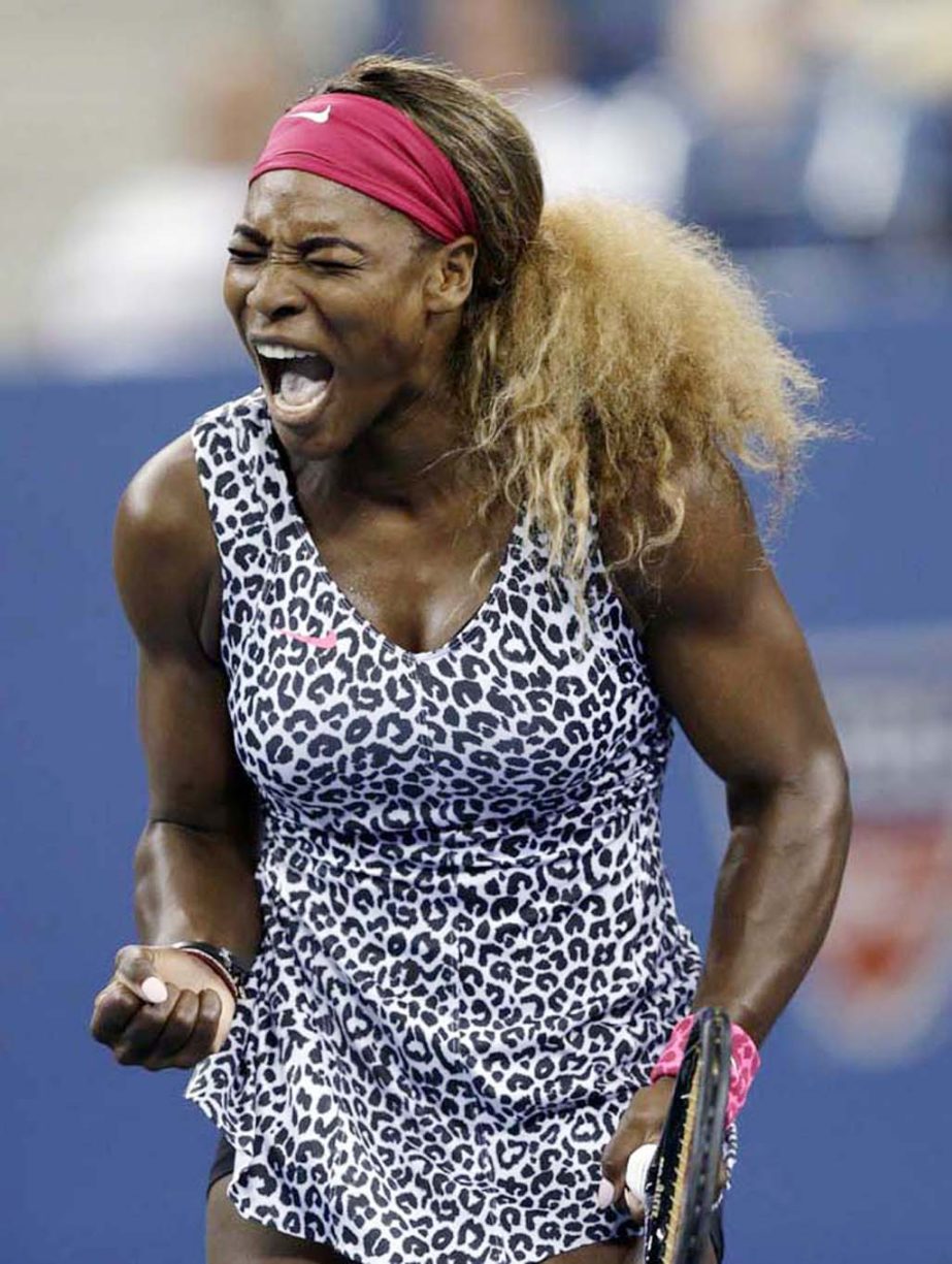 Serena Williams of the United States reacts after hitting a winner against Flavia Pennetta of Italy during the quarterfinals of the US Open tennis tournament on Wednesday in New York.