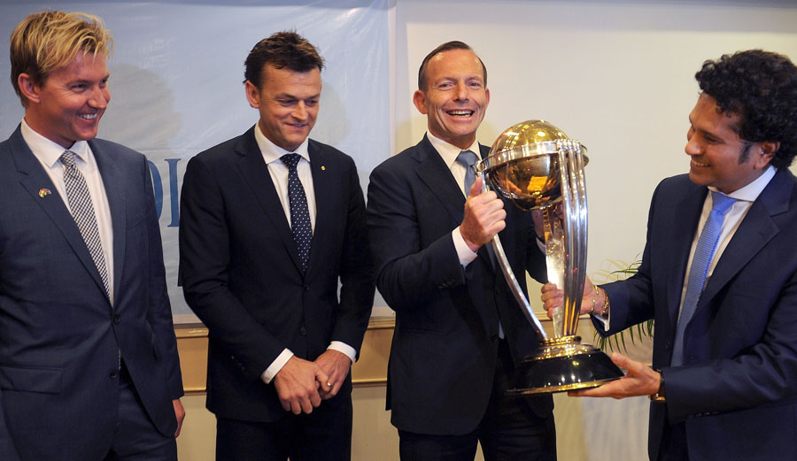 Brett Lee, Adam Gilchrist and Sachin Tendulkar share a light moment with Australian Prime Minister Tony Abbott at Mumbai on Thursday.