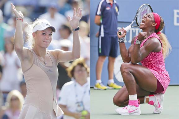 Caroline Wozniacki (left) of Denmark waves to the crowd after winning by forfeit over Peng Shuai of China and Serena Williams (right) reacts after defeating Ekaterina Makarova of Russia during the semifinals of the 2014 US Open tennis tournament in New Yo