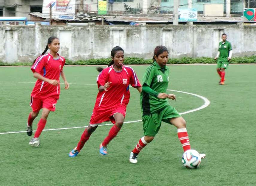 The members of the Bangladesh Under-16 National Women's Football team taking part at the practice session at the BFF Artificial Turf on Saturday.