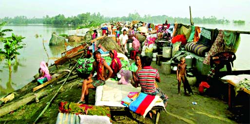 Hundreds of flood victims still passing their days under the open sky with whatever household goods they could save from the wrath of floods. This photo was taken from Sariakandi of Bogra on Saturday.