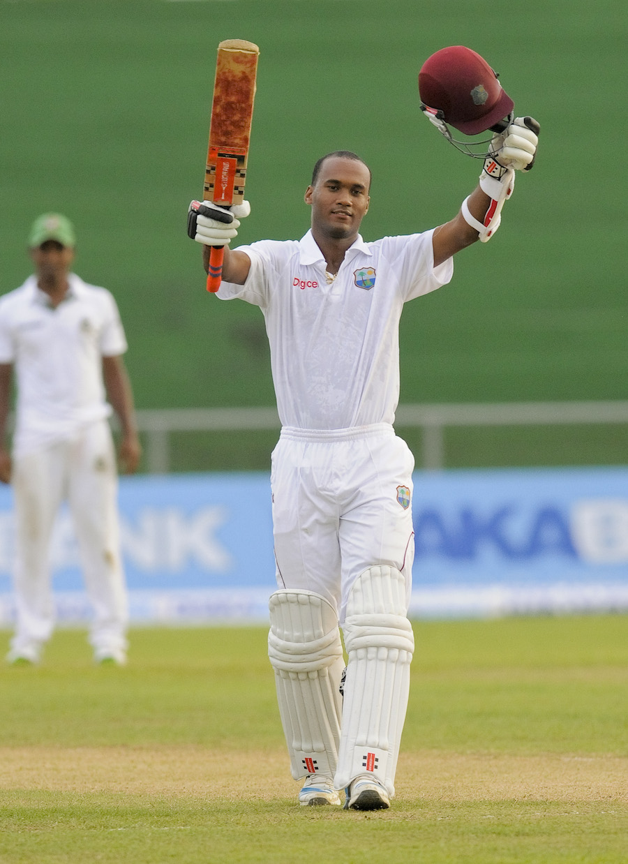 Kraigg Brathwaite celebrates his maiden double hundred on the 2nd day of 1st Test between West Indies and Bangladesh at St Vincent on Saturday.