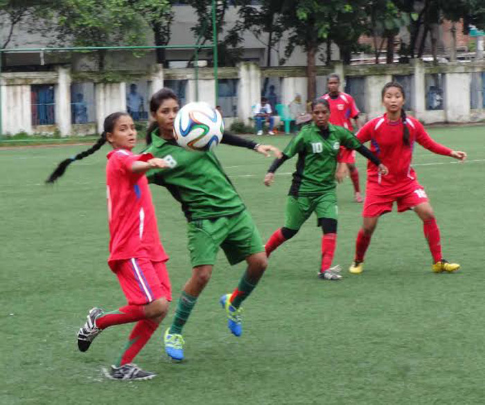 A moment of the practice football match of the Bangladesh Under-16 National Women's Football team at the BFF Artificial Turf on Monday.