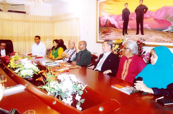 North Korean envoy to Bangladesh Ri Sung Hyeon, among others, at a discussion organized on publication of a book written by Poet Ahmed Kaiser at the former's office in the city on Monday.