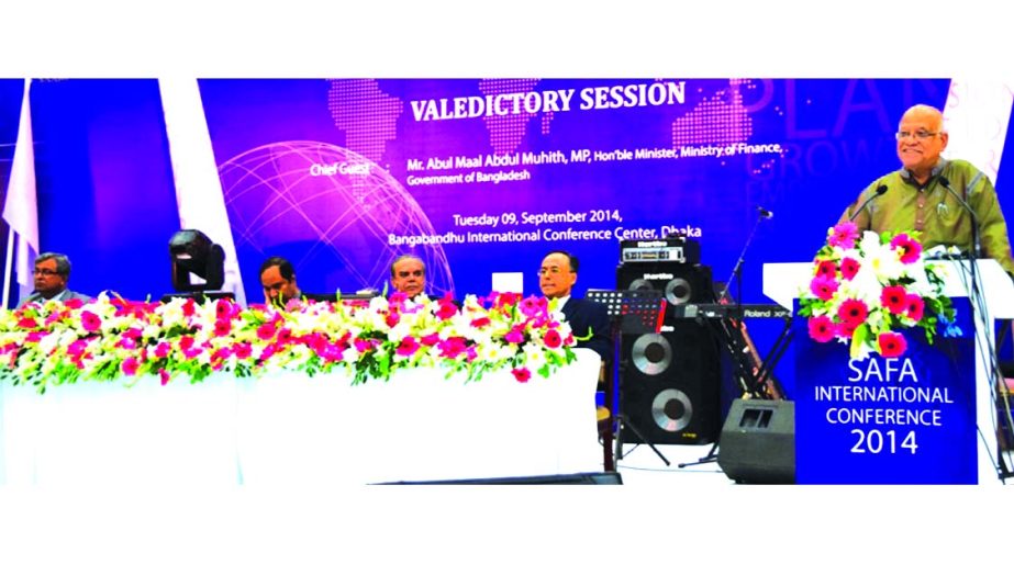 Finance Minister Abul Maal Abdul Muhith speaking at Valedictory Session of SAFA International Conference at ICMAB on Tuesday. Presidents of different CA Institutes in this region, delegates from home and abroad participated in it.