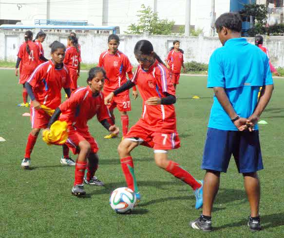 Members of Bangladesh Under-16 National Women's Football team during their practice session at the BFF Artificial Turf on Saturday.