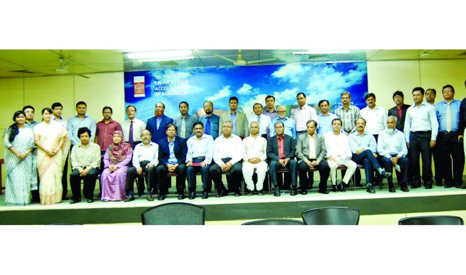 Md Showkat Hossain FCA, President of the Institute of Chartered Accountants of Bangladesh and Nazrul Islam Khan, Secretary of Information and Communication Ministry pose with the trainees of a training course on ERP Software- SAP (FICO Module) at its aud