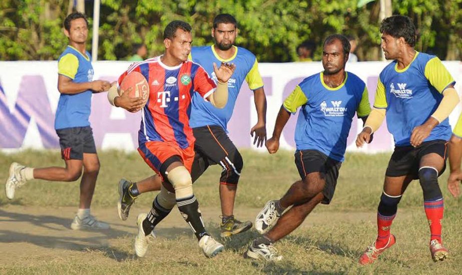 An entertaining moment of the semifinal match of the Walton Motorcycle 4th National Rugby Competition between Bangladesh Army and Gazipur district at the Paltan Maidan on Sunday.