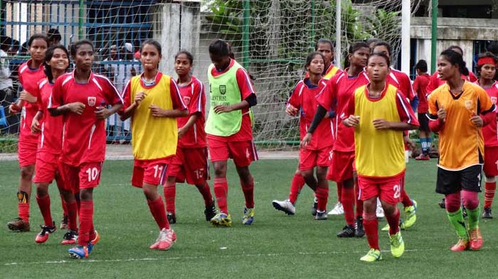 Members of Bangladesh Under-16 National Women's Football team taking part at the practice session at the BFF Artificial Turf on Tuesday.