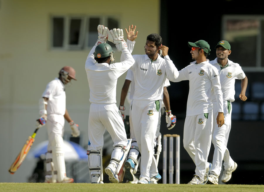 Mahmudullah is congratulated after a wicket on the 3rd day of the 2nd Test between West Indies and Bangladesh at St Lucia on Monday.