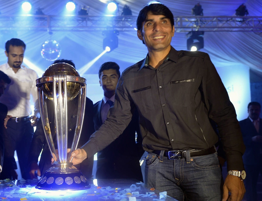 Pakistan captain Misbah-ul-Haq poses with the World Cup trophy at Lahore on Tuesday.