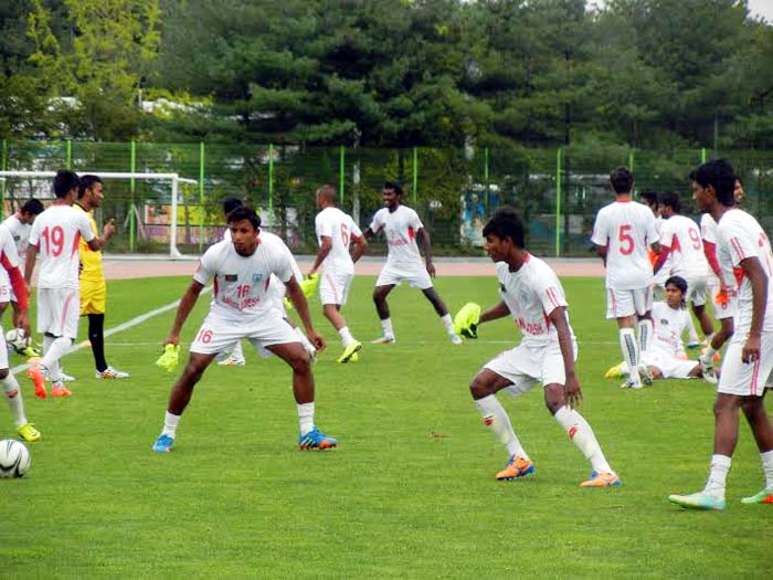 Players of Bangladesh Under-23 National Football team during their practice session at Incheon in South Korea on Wednesday.