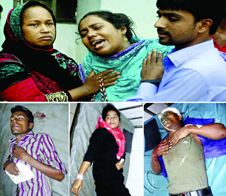 Relatives wailing as two people were killed (top) and three others injured (bottom) in a road accident near Ruposhi Bangla Hotel in city on Thursday.