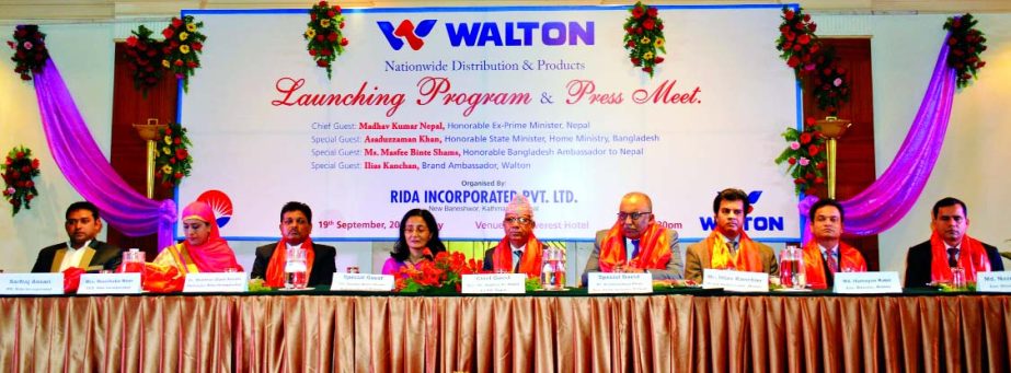 Ex-Nepalese Prime Minister Madhav Kumar Nepal speaking at the launching of Walton Products in Nepal and Meet the Press at a Kathmandu hotel on Friday.