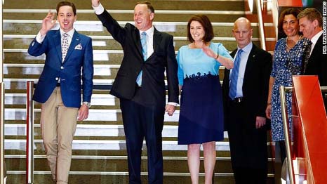 Prime Minister John Key arrives with his wife and son to deliver his victory speech at Viaduct Events Centre