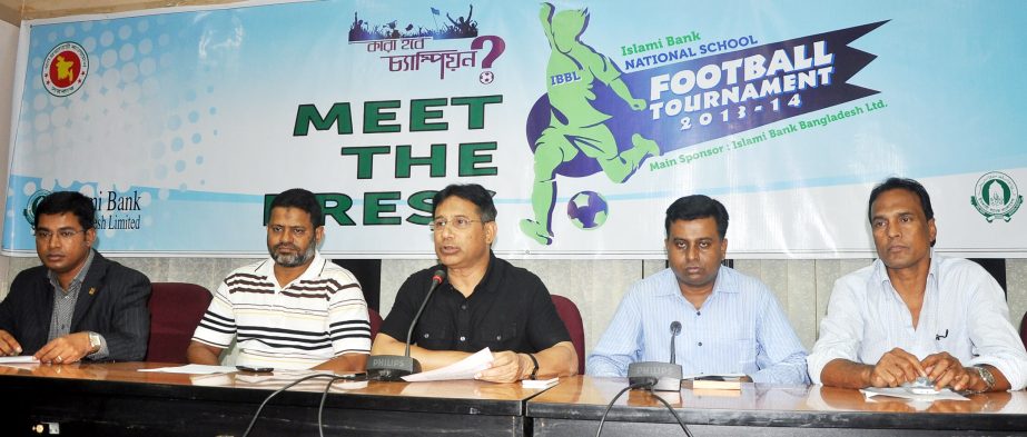 Senior Vice-President of Bangladesh Football Federation Abdus Salam Murshedy speaking at a press conference at the conference room of Bangladesh Football Federation House on Sunday.