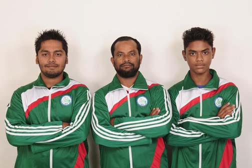 The members of Bangladesh Skating team pose for a photo session before leaving the city for Nining of China to take part in the 16th Asian Roller Skating Championship. The team will leave the city today. The members are: Md Nousif Hossain, Ashraful Alam M