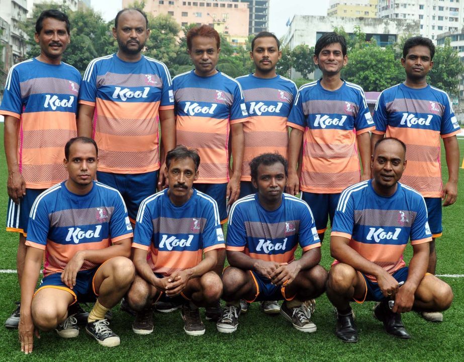 Players of The New Nation pose for a photo session before taking part against ATN News in their Group F match of the Kool-BSJA Media Cup Football Tournament at the BFF Artificial Turf on Wednesday.