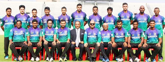 Bangladesh National Cricket team and President of BCB Nazmul Hassan Papon pose for a photo session at the National Cricket Academy in Mirpur on Thursday.