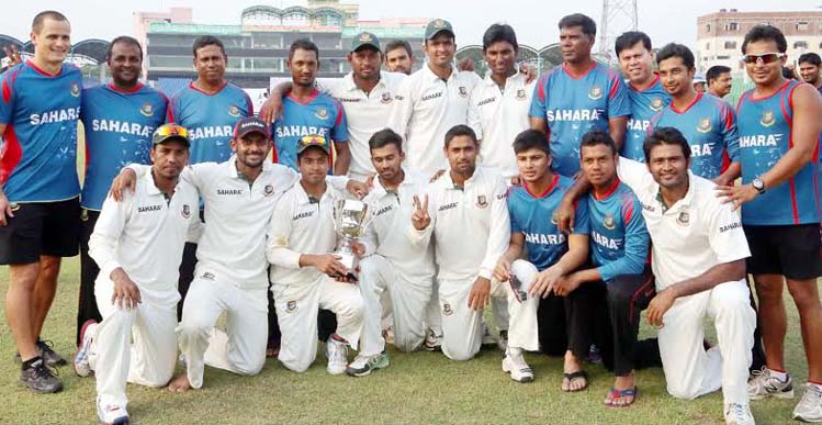 Members of Bangladesh A team pose for a photograph after defeating Zimbabwe A team in the four-dayer series 2-0 at the Khan Shaheb Osman Ali Stadium in Fatullah on Thursday.
