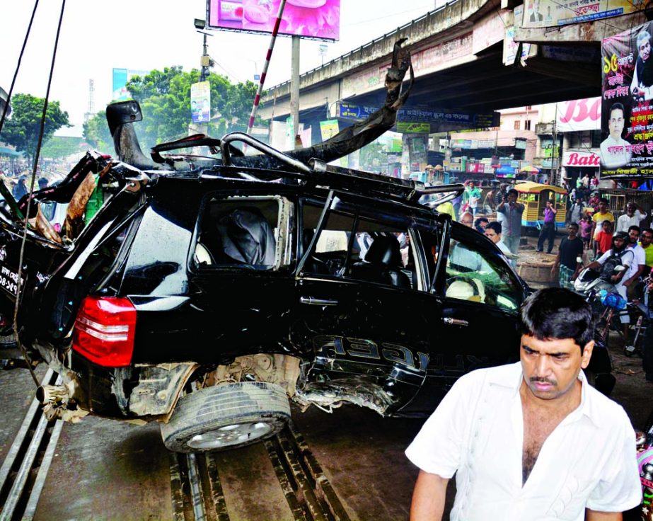 A private car was hit by a train at city's Khilgaon level crossing on Thursday leaving a man critically injured.