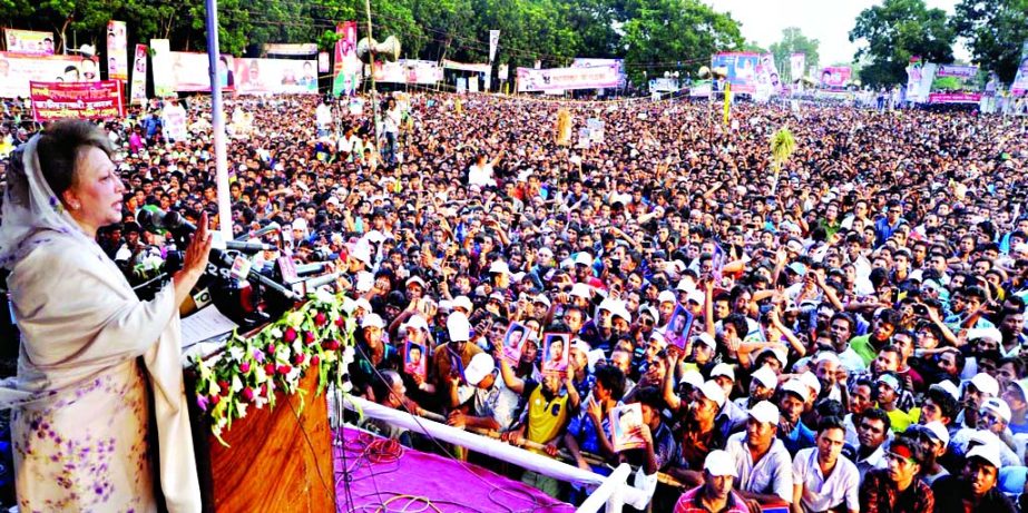 BNP Chairperson Begum Khaleda Zia addressing a huge public meeting of 20-party alliance held at the Jamalpur Zila School ground on Saturday.