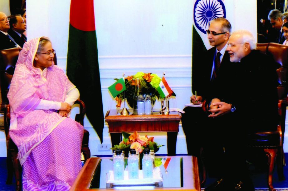 Prime Minister Sheikh Hasina at a meeting with her Indian counterpart Narendra Modi at New York Palace Hotel in New York on Saturday. PID photo