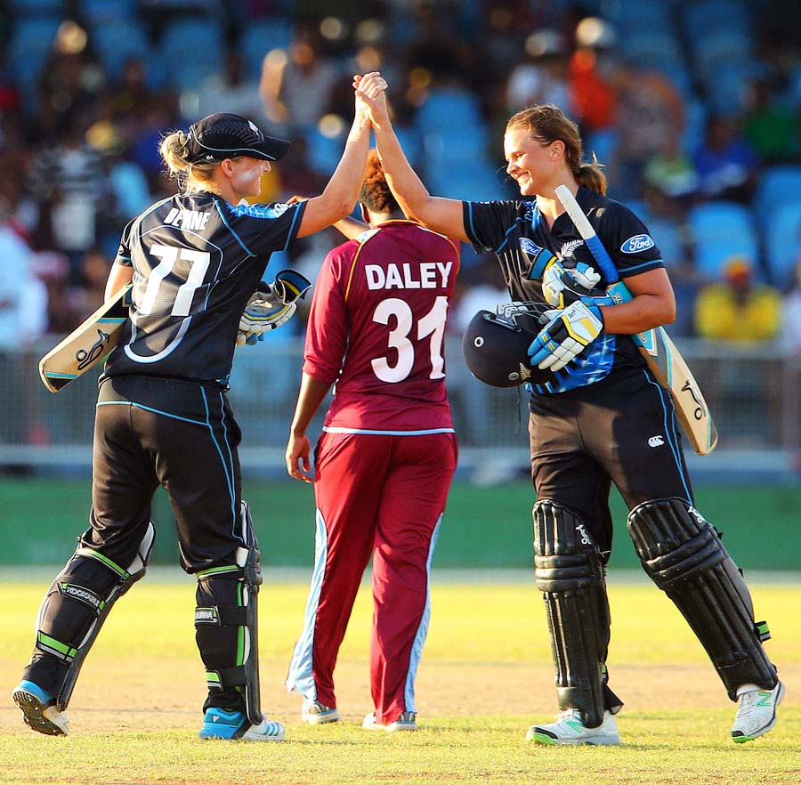 Mission accomplished: Sophie Devine and Suzie Bates of New Zealand after the series win against West Indies after 3rd women's T20I at St Vincent on Saturday.