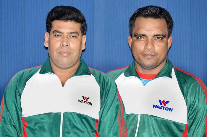 Vice-President of Bangladesh Amateur Wrestling Federation FM Iqbal Bin Anwar Dawn and wrestler Billal Hossain pose for a photo session on Tuesday before take part in the 10th Asian Wrestling Championship scheduled to be held in Kazakhstan from October 3 t