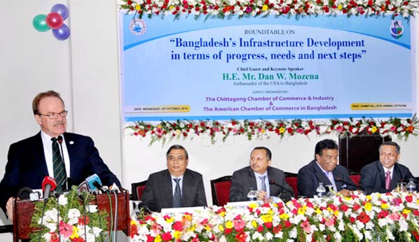 US Ambassador to Bangladesh Dan W Mozena speaking as Chief Guest at a roundtable on 'Bangladesh's Infrastructure Development in Terms of Progress and Next Steps' organised by Chittagong Chamber of Commerce and Industry at Chittagong Agrabad Hotel yest