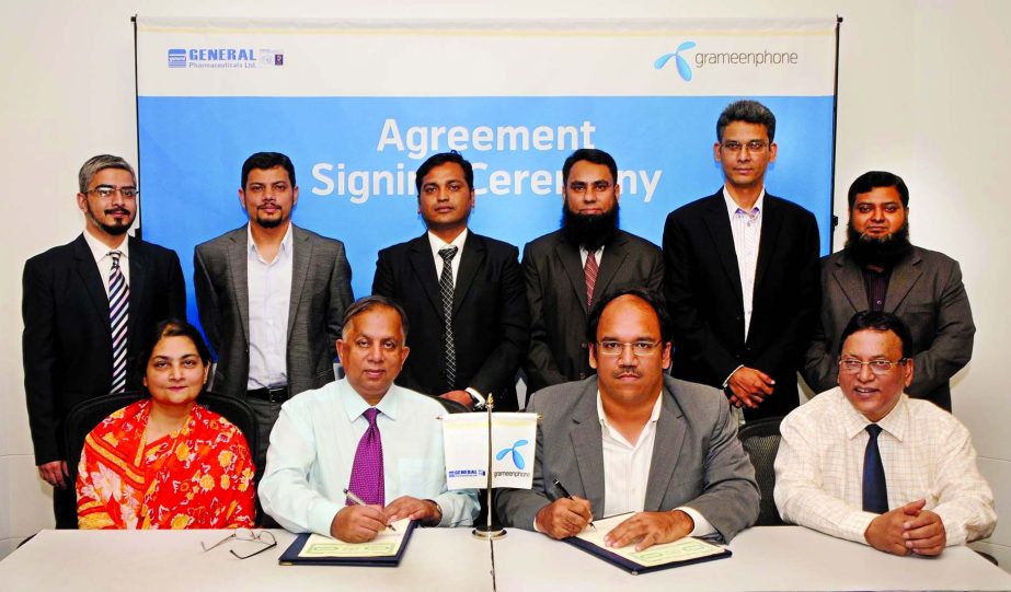 Sajjad Alam, Head of Direct Sales of Grameenphone Ltd and Dr Momenul Haq, Managing Director of General Pharmaceuticals Ltd sign a business solutions agreement recently.