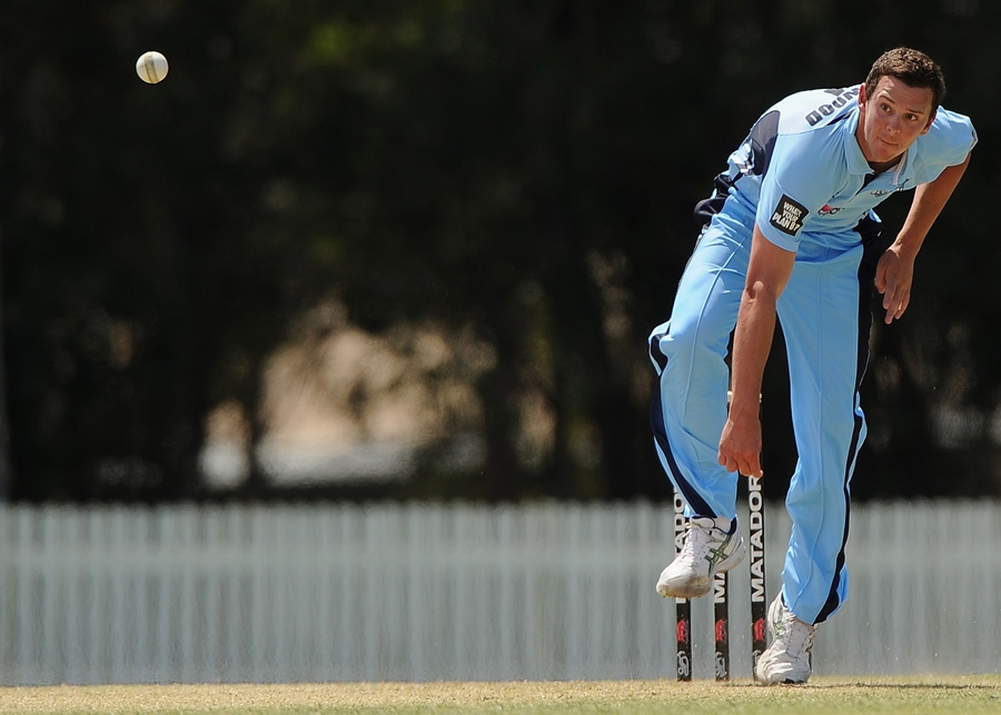 Josh Hazlewood bowls on his way to a seven-wicket haul during the match of Matador BBQs Cup between New South Wales and South Australia at Brisbane on Saturday.