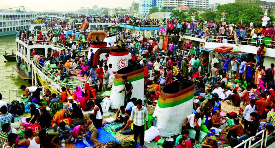 Home-goers facing an extreme trouble just to make rooms for them at launches a day only before Eid-ul Azha. The authorities as well turned a blind eye on the risky travel. This photo was taken from Sadarghat Terminal on Saturday.