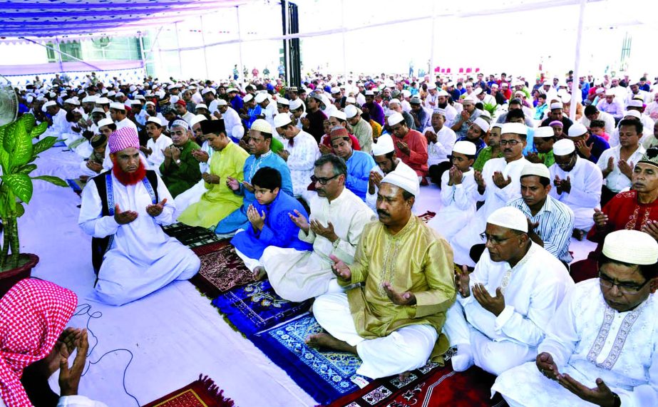 Cabinet members and MPs offering prayers at the South Plaza of the Jatiya Sangsad on Monday on the occasion of holy Eid-ul-Azha.