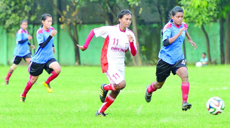 A scene from the practice football match between Bangladesh National Women's Football team and Bangladesh U-16 National Women's Football team at the Bir Shreshtha Shaheed Sepoy Mohammad Mostafa Kamal Stadium in Kamalapur on Friday.