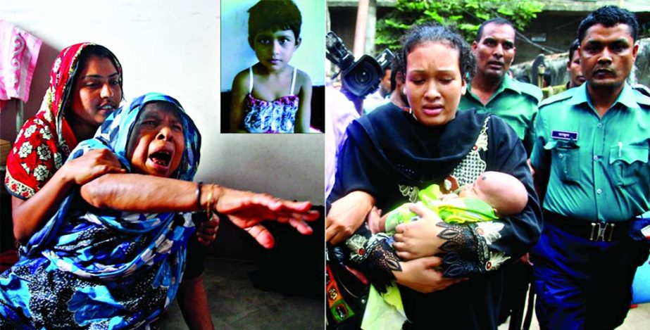 Relatives wailing (left) as six-year-old girl Maimuna (inset) was allegedly killed by her step mother (right) who was arrested by the police at city's Jatrabari area. Police later recovered the body from a water container on Friday.