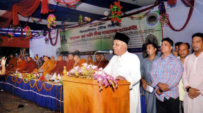 CCC Mayor M Monzoor Alam addressing a function of Buddhist community at National Marine Time Institute Parade ground in the city yesterday.