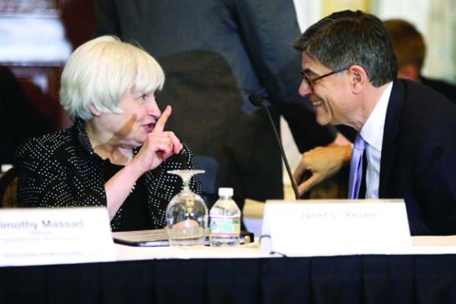 US Federal Reserve Chair Janet Yellen (L) and Treasury Secretary Jack Lew Â® confer after a meeting of the Financial Stability Oversight Council at the Treasury Department in Washington.