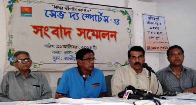 Noted sports personality Khairul Kabir Khokon addressing a press conference at the National Press Club on Saturday.