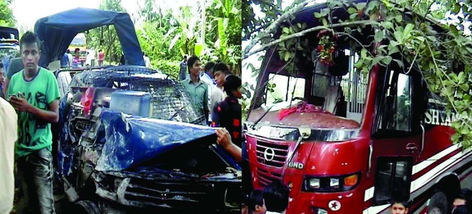 Five policemen were seriously injured as the pick up van carrying them collided head-on with a Dhaka Coach on Natore-Pabna Highway at Rajapur area in Boraigram on Saturday.