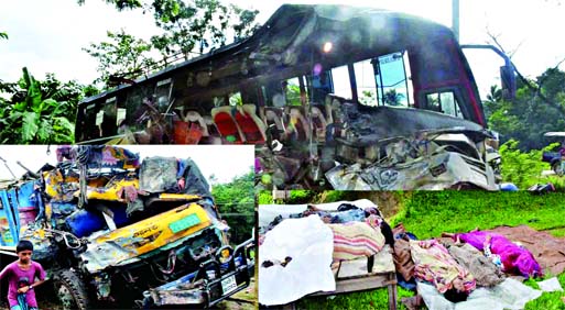 A Dhaka bound bamboo laden truck (inset left) collided head-on with a Gaibandha bus going from opposite direction near Miabazar in Chauddagram on Dhaka-Ctg Highway leaving 10 dead and 29 others injured on Sunday morning. Banglar Chokh