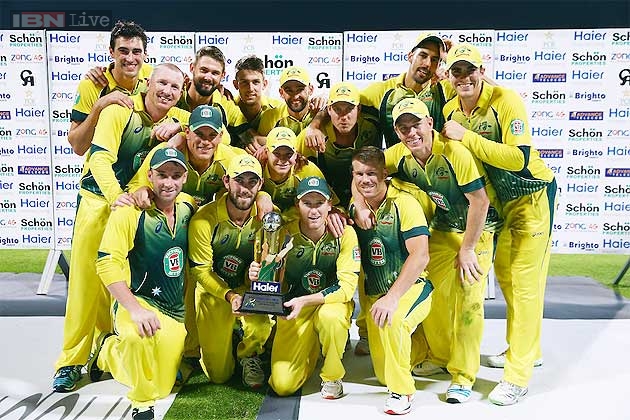 Players of Australia Cricket team celebrate after winning one day international series against Pakistan at Sheikh Zayed Stadium in Abu Dhabi, United Arab Emirates on Sunday.