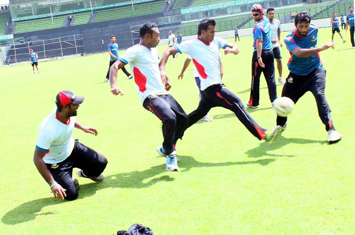 Players of Bangladesh National Cricket team during their practice session at the Sher-e-Bangla National Cricket Stadium in Mirpur on Monday.