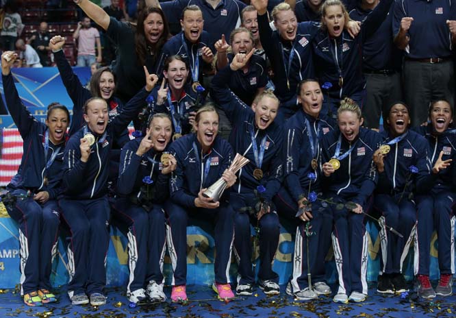 Members of USA team celebrate after winning the women's Volleyball World Championships final match against China in Milan, Italy on Sunday.