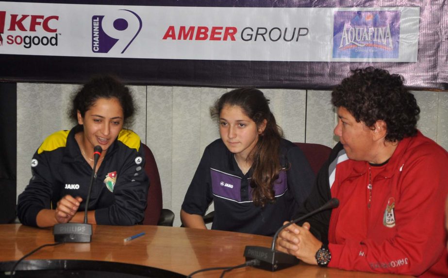 Head Coach of Jordan Under-16 National Women's Football team Manar Mustafa Ahmed addressing a press conference at the conference room of Bangladesh Football Federation House on Tuesday.