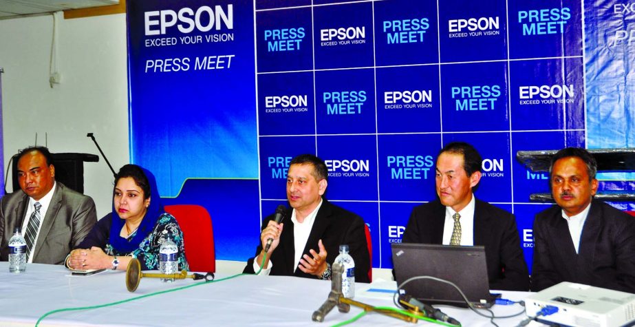 Toshiyuki Kasai, President of Epson India Subcontinent, speaking at a press conference about Epson, a digital imaging technology for printing, and its marketing policy in Bangladesh at Flora Bhaban in the city on Wednesday.