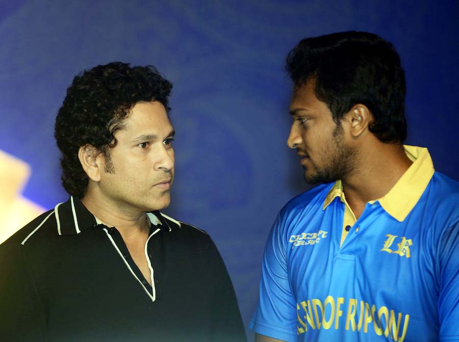 Sachin Tendulkar chats with Shakib Al Hasan during an event at Rupganj on Tuesday.