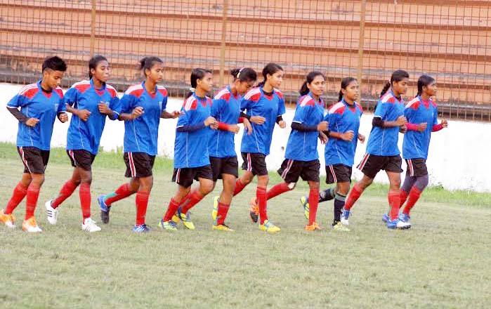 Members of Bangladesh Under-16 National Women's Football team during their practice session at the Bir Shreshtha Shaheed Sepoy Mohammad Mostafa Kamal Stadium in Kamalapur on Thursday.