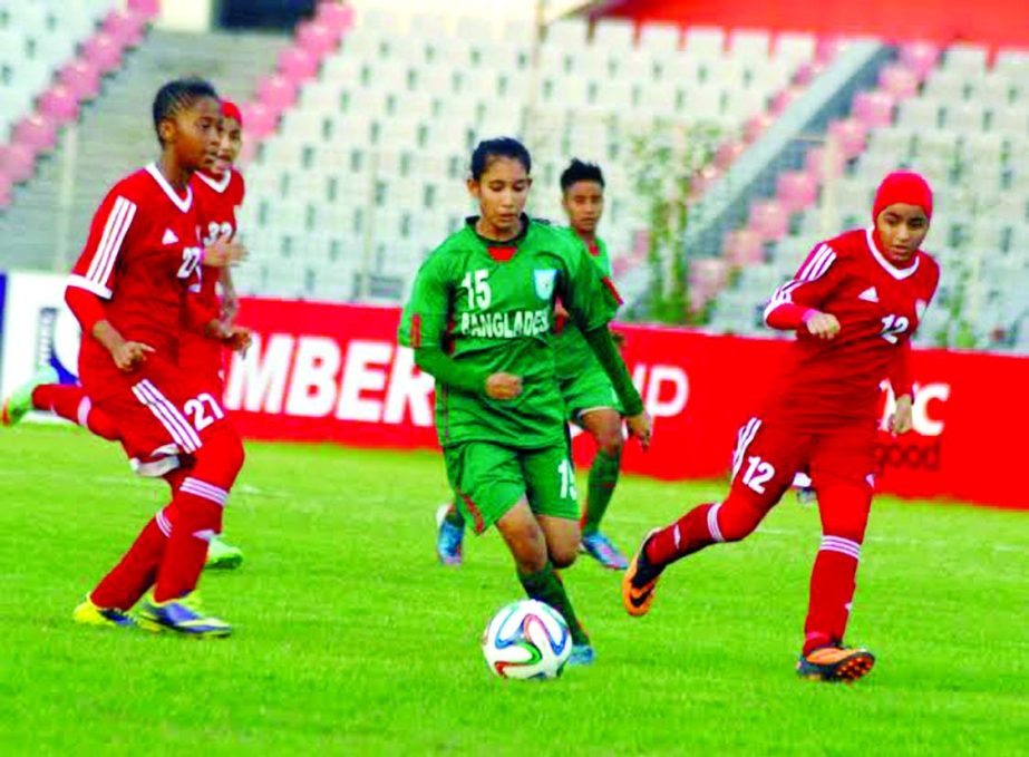 An action from the football match of the AFC Under-16 Women's Championship Qualifiers between Bangladesh Under-16 National Women's Football team and United Arab Emirates Under-16 National Women's Football team at the Bangabandhu National Stadium on Fri